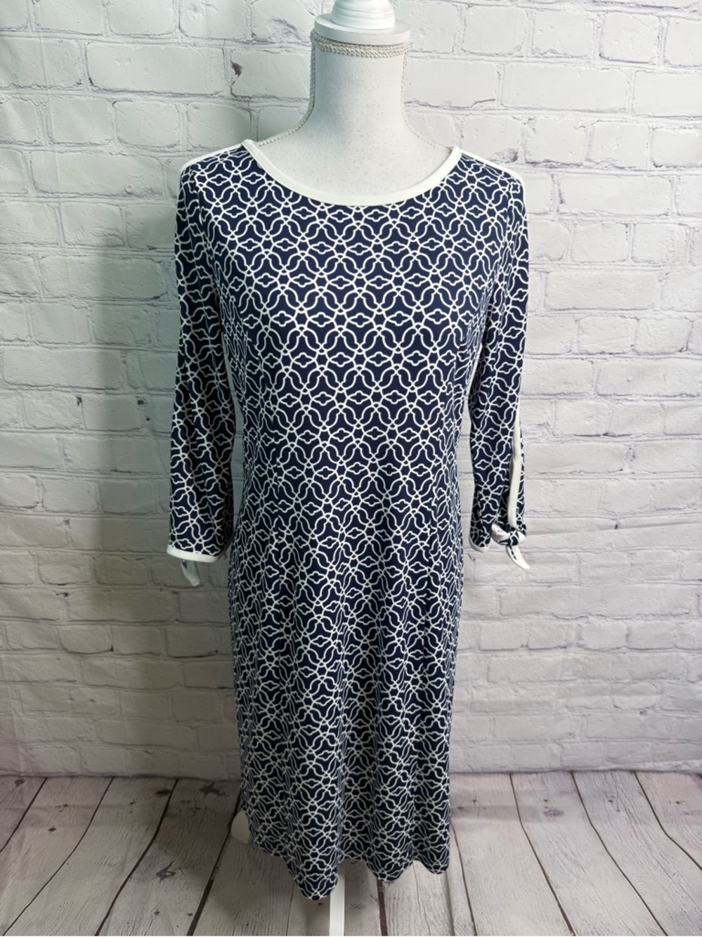 TALBOTS Midi Geometric Print Blue And White Dress Medium Petite